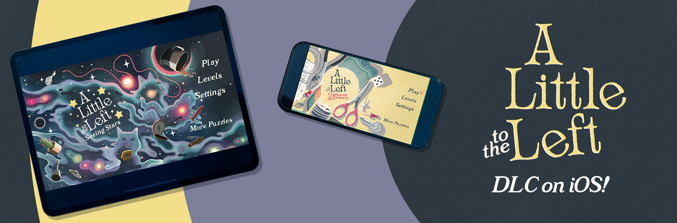 A Little to the Left key art showing two iOS devices playing both expansion packs for the game. Text reads "A Little to the Left DLC on iOS!"