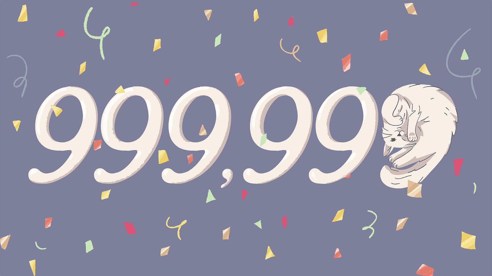 A Little to the Left key art celebrating the humourous milestone of 999,999 sales, with a cheeky cat making up the final nine in the sequence.
