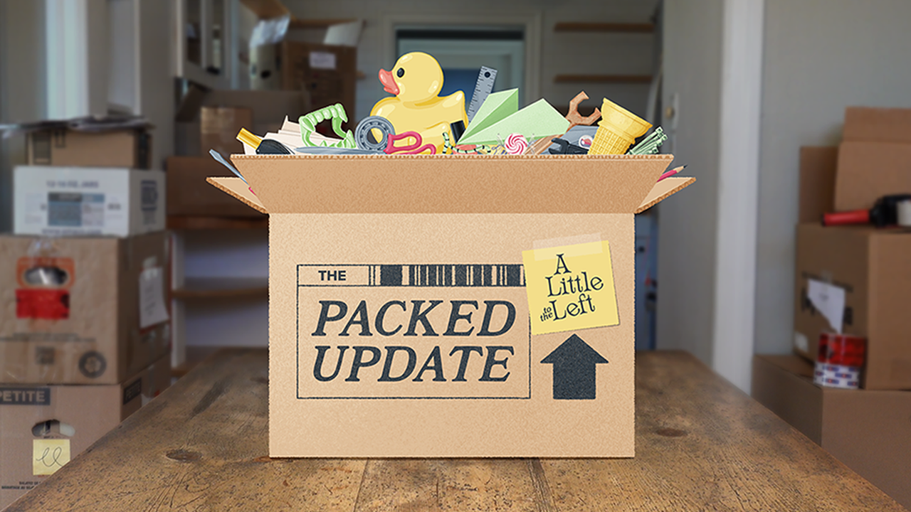 A Little to the Left ley art for the Packed Update, with numerous memorable items from the game bursting out of a cardboard box
