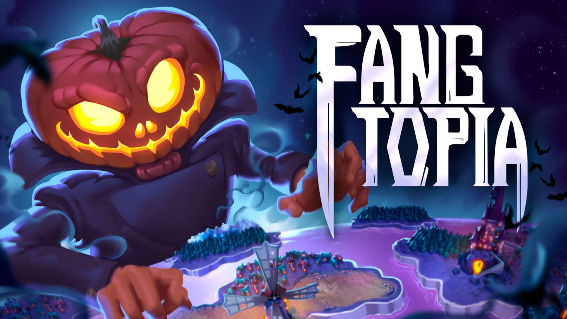 Key art for Fangtopia with a pumpkin-headed monster reaching out to a tile-based world on a purple sea