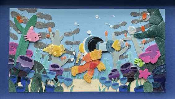 Loddlenaut key art showcasing logo, protagonist in diving suit armed with a bubble gun, and a colourful underwater scene with lots of loddle creatures - recreated using plastics recovered from the ocean