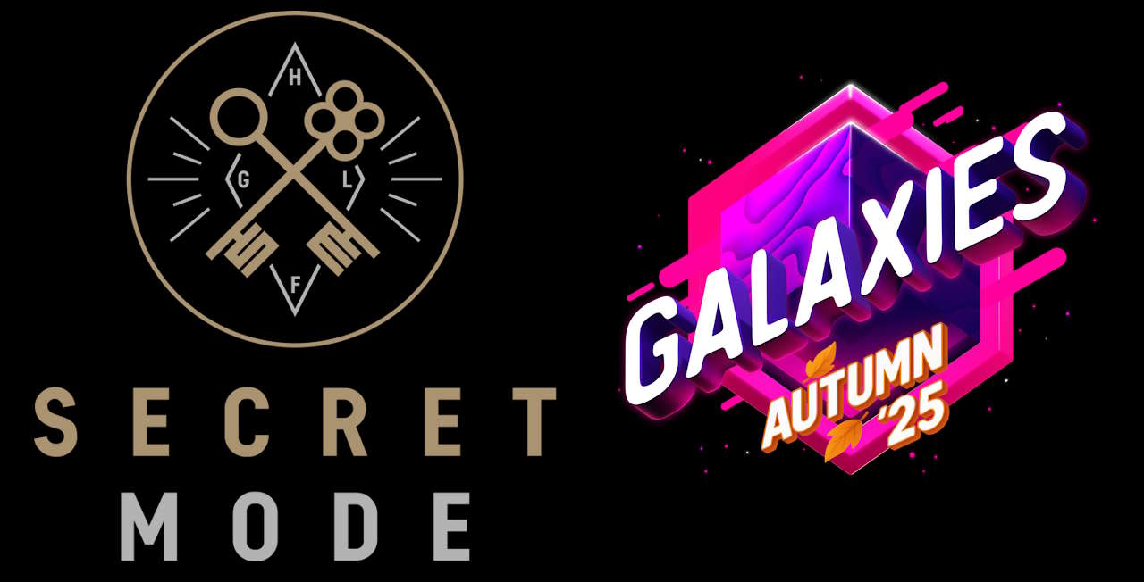 Logos for Secret Mode and Twitch Galaxies Autumn '25