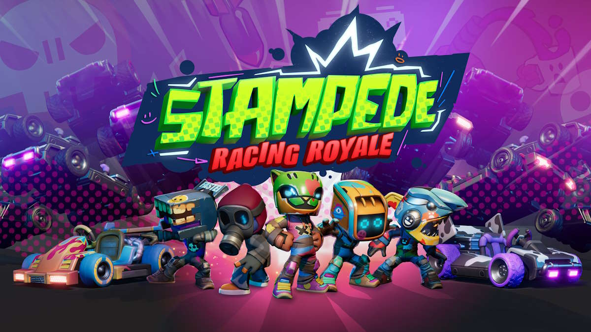 Key art for Stampede Racing Royale, featuring a number of racers and karts in a line.