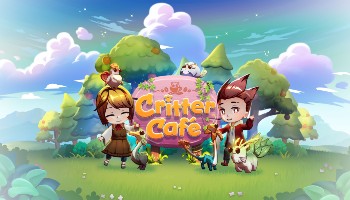 Critter Café key art, featuring anime-inspired characters standing either side of a sign bearing the game's name, stood in a luscious green field. Various critters stand around the characters.